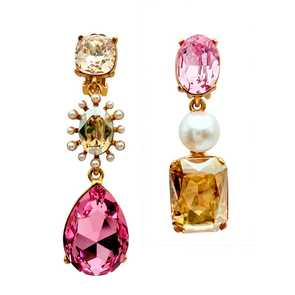 Oscar de la Renta Asymmetrical Earrings with Rose Crystals & Pearls Antique Gold